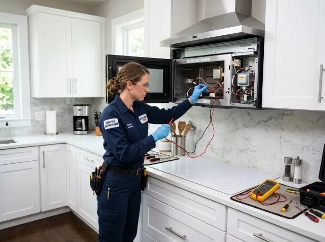 Appliance Repair Hero technician testing an over-the-range microwave in a Albany, WI kitchen